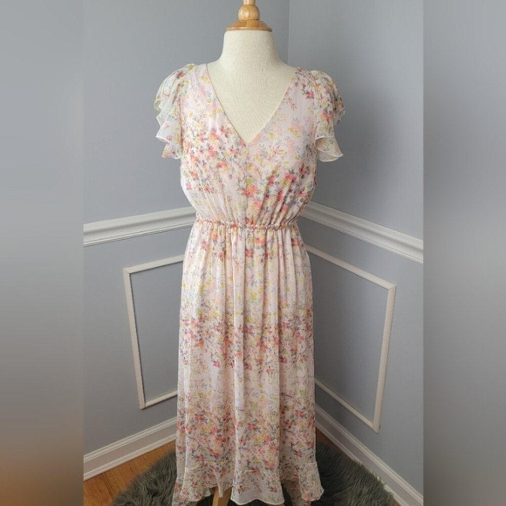 CHARLOTTE RUSSE Floral Flutter Sleeve Hi Low Hem Boho Cottage‎ Party Dress S NEW